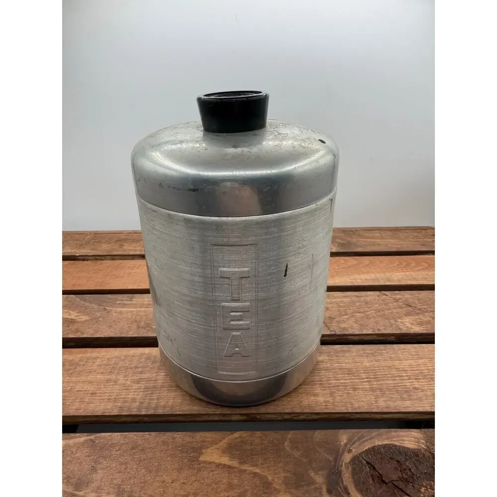 Vintage MCM Spun Aluminum Kitchen Canister Set-Sugar Coffee Tea-Black Lids 1950s